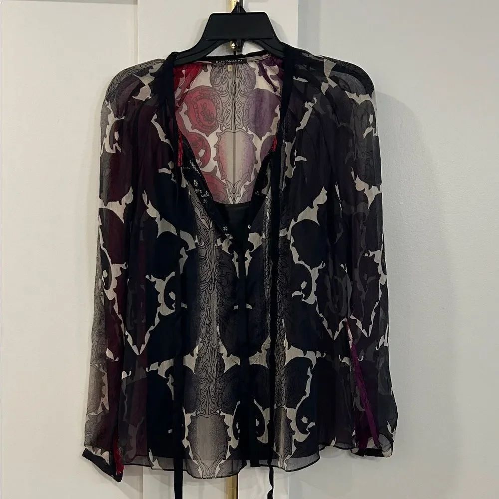 Elie Tahari Black/Purple/Red Sheer Top w Lining, Size Small